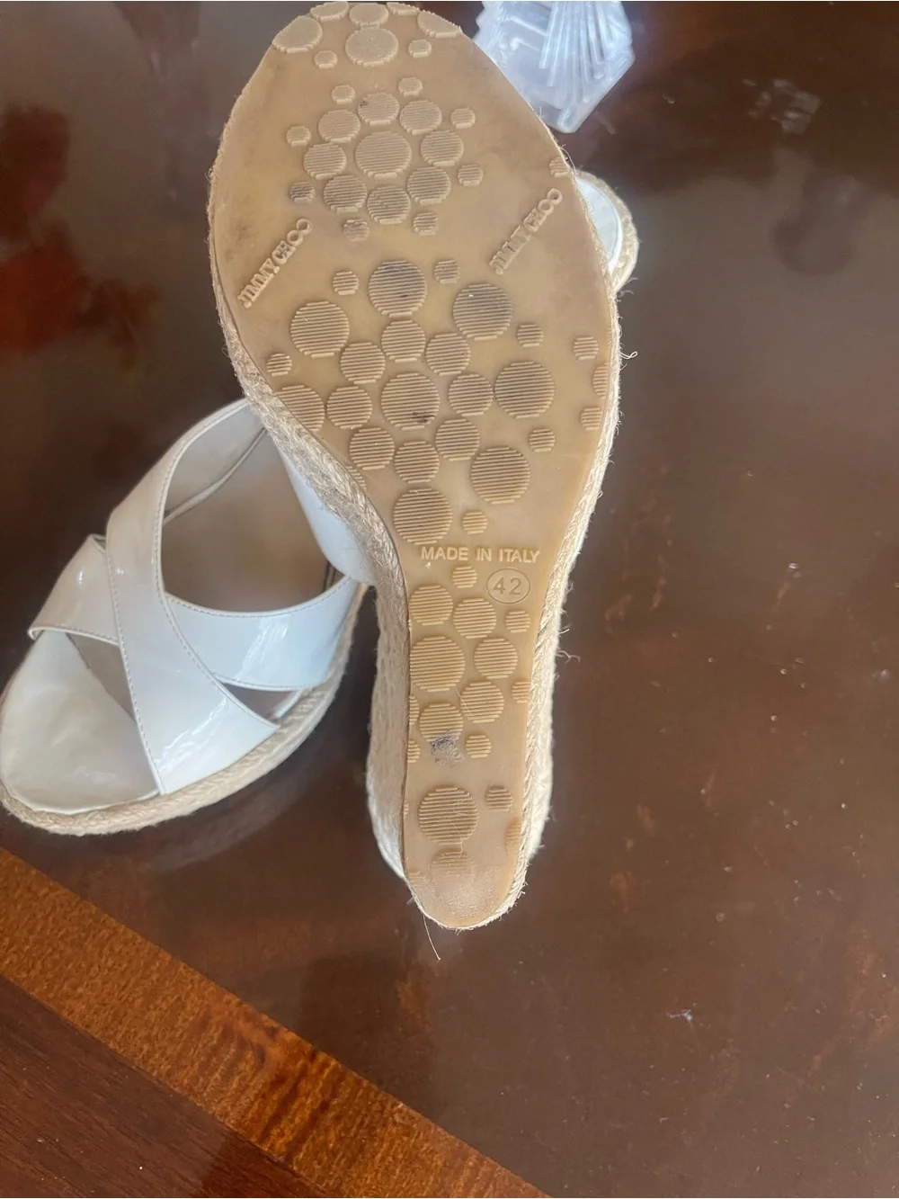 Jimmy Choo White Patent Leather Crisscross Espadrille Wedge Sandals